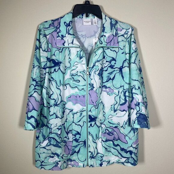 NWT! Chico's Weekends 3/4 Sleeve Full Zip Jacket Teal Watercolor Print Leaves Si - Picture 1 of 6